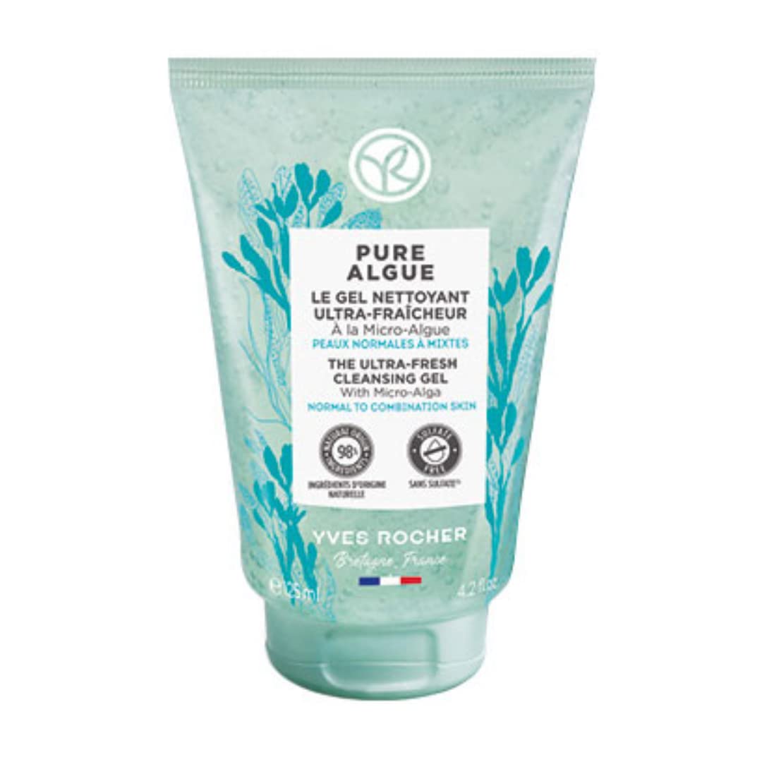 Kit Yves Rocher Rutina facial ultra refrescante: Gel Limpiador (125 ml) + Agua Micelar desmaquillante 2 en 1 (200 ml) + Mascarilla facial hidratante oxigenante (75 ml) Pure Algue