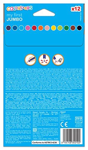 Maped Color'Peps - Lápices de madera para colorear, mina suave y resistente, triangular para un mejor agarre, fácil de usar, 12 colores brillantes jumbo de 4,7 mm