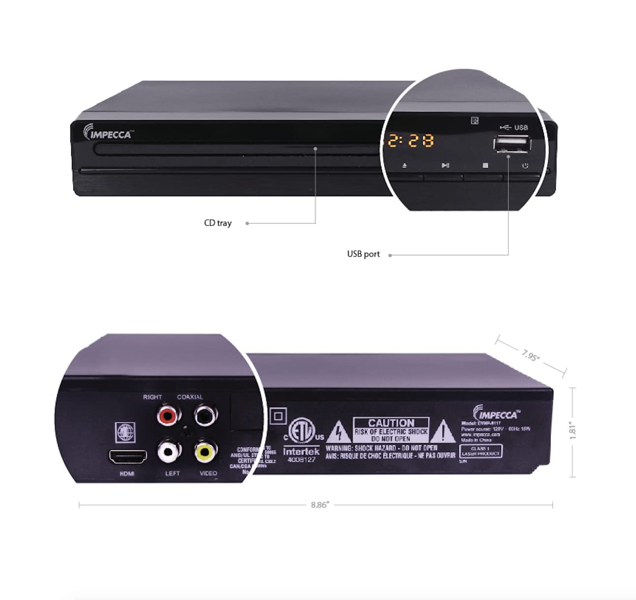 Impecca DVHP9117 Progressive Scan Compact HDMI DVD Player, Upconvert DVDs to 1080p, With LED Display, View Content Via USB Input,