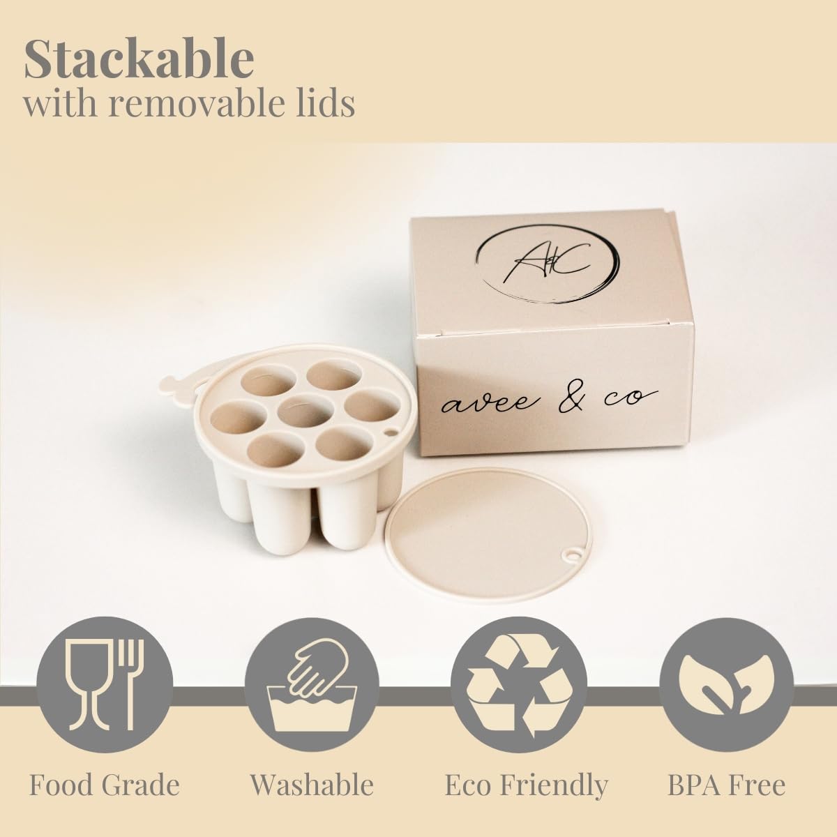 Avee & Co - Mini bandeja para congelador, moldes para paletas de leche materna para alivio de enfriamiento, alimentador de silicona sin BPA para alimentación segura del bebé, 4 meses + (beige)
