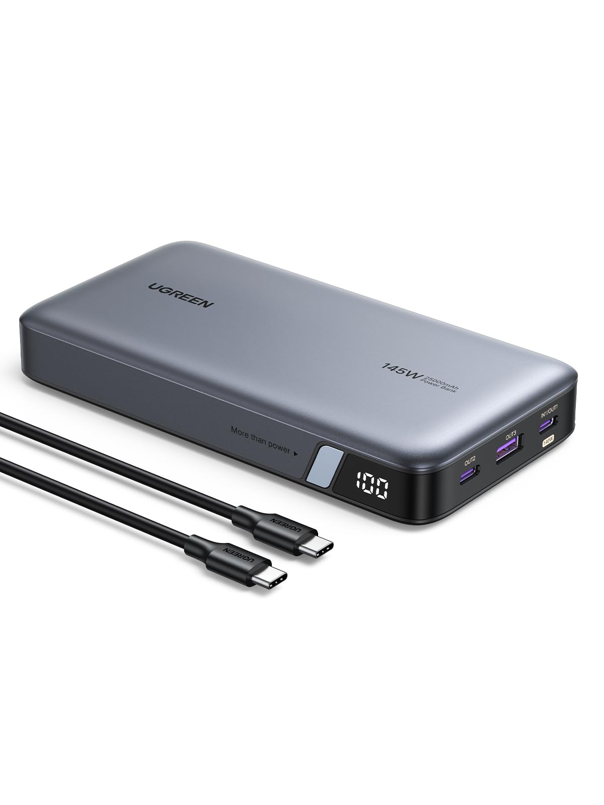 Cargador Portátil UGREEN 145W Negro con Pantalla Digital y 3 Puertos para iPhone Xiaomi Galaxy