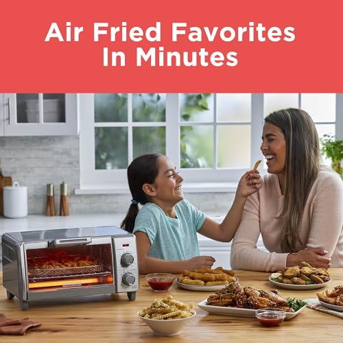 BLACK+DECKER Crisp 'N Bake Air Fry Horno tostador de convección, capacidad media, 4 veces, 5 en 1, se adapta a pizza de 9 pulgadas, temporizador de 30 minutos, hornear, asar, freír al aire, tostadas