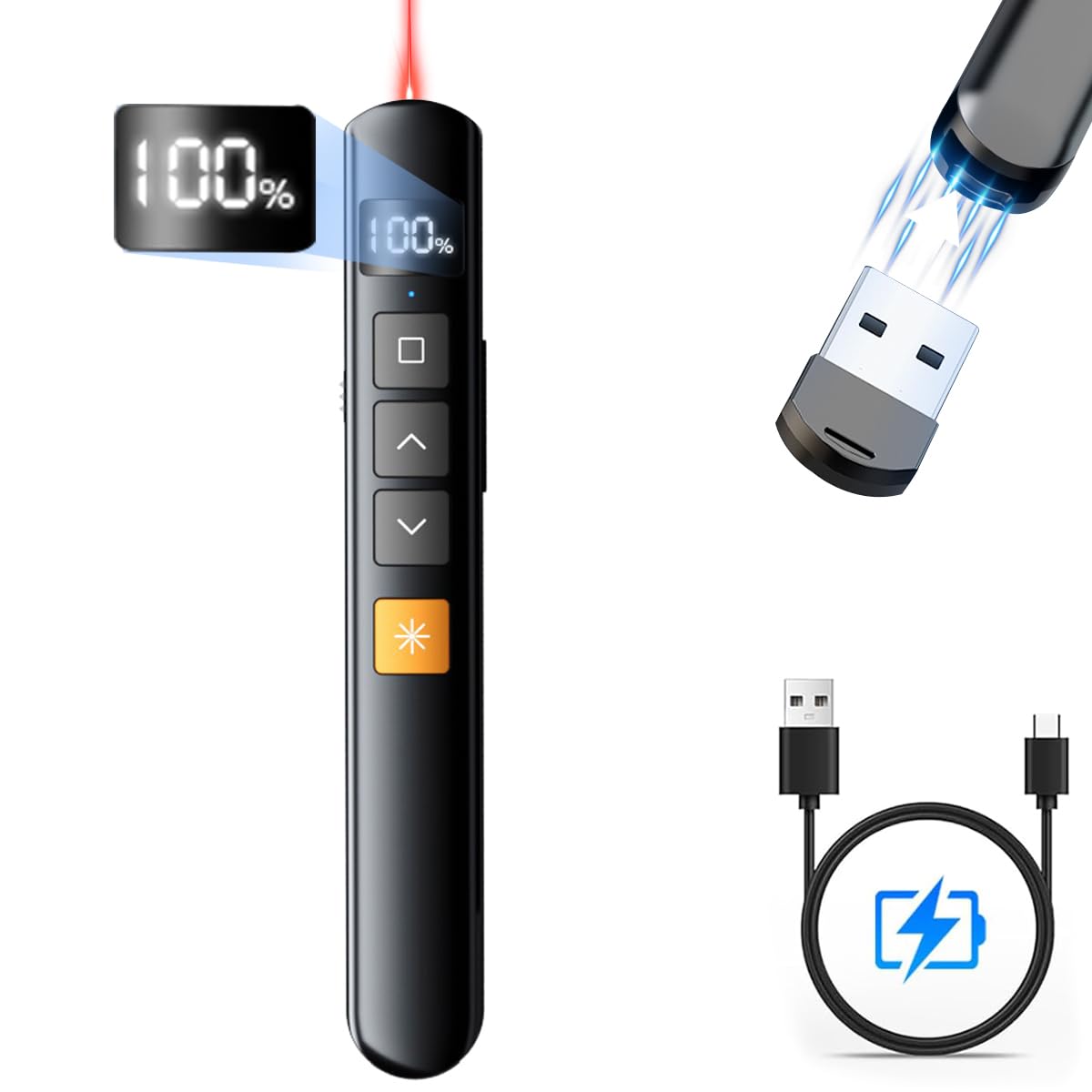 Presentador Inalámbrico LED USB Recargable con Pantalla Digital y Control de Volumen para Presentaciones en Windows y Mac