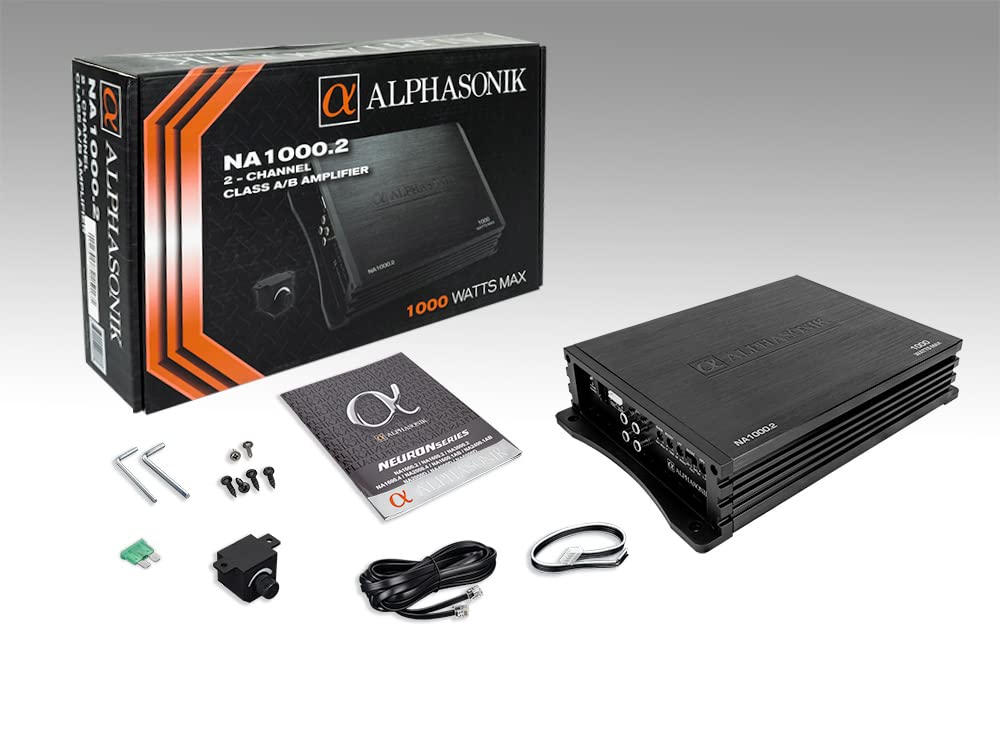 Alphasonik NA1000.2 Neuron Series Amplificador de coche de 1000 vatios máximo de 2 canales con circuito de protección de 4 vías, amplificador de clase A/B, entradas de bajo y alto nivel (perilla de graves remota incluida)