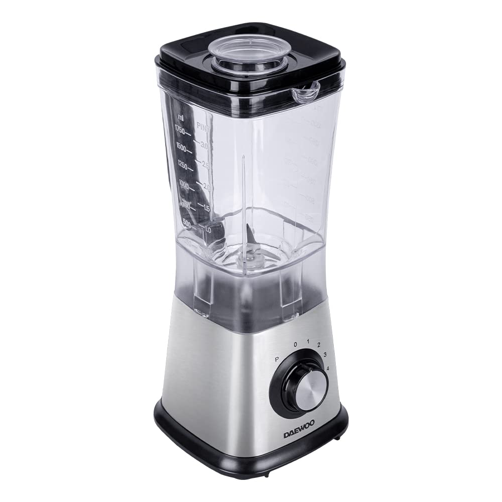 DAEWOO DBL-849, Licuadora de 4 velocidades Daewoo, 1.75 L, con orificio de goteo y vaso medidor, base de acero inoxidable, tritura hielos, motor 650W y base antideslizante, Negro