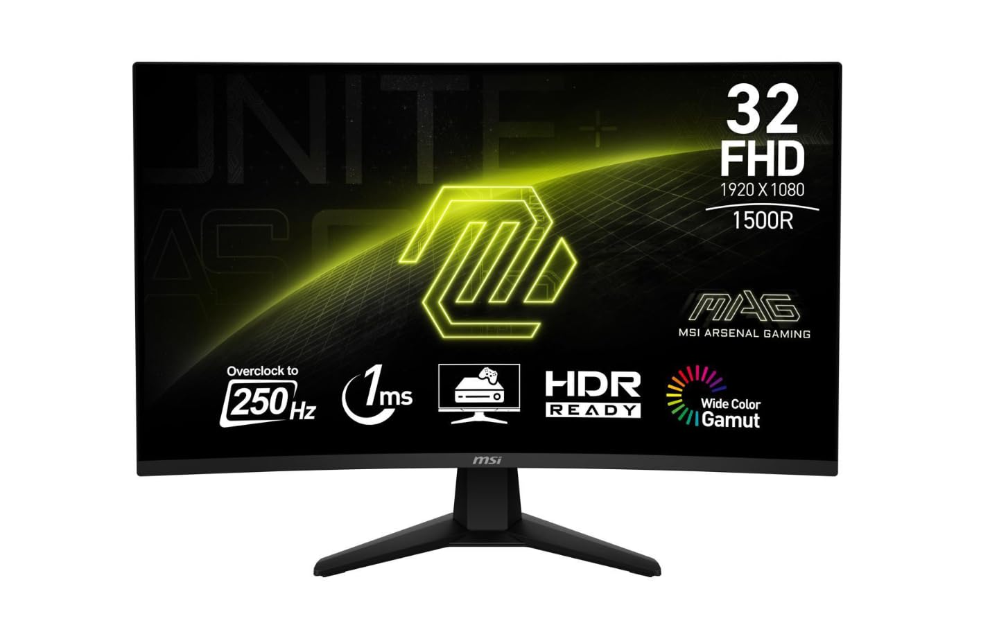 MSI mag 32C6X 31.5-Inch 1920 x 1080 (FHD) Computer Monitor, 250Hz, Adaptive-Sync, HDR Ready, HDMI, VGA Port, Display Port,VESA Mountable, Tilt, Speaker, 1ms, Black