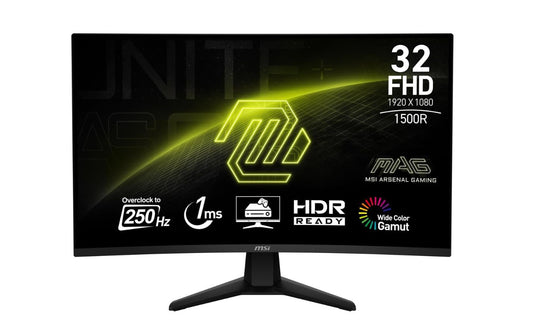 MSI mag 32C6X 31.5-Inch 1920 x 1080 (FHD) Computer Monitor, 250Hz, Adaptive-Sync, HDR Ready, HDMI, VGA Port, Display Port,VESA Mountable, Tilt, Speaker, 1ms, Black