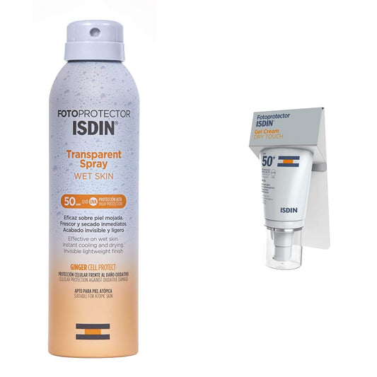 Isdin Fotoprotector spf 50 + Transparent Spray Wet Skin 250 ml - Protector Solar + Fotoprotector spf 50 + Gel Crema Dry Touch 50 ml - Protector Solar