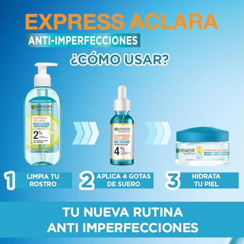 Kit Garnier Express Anti Imperfecciones para piel grasa con Ácido Salicílico + Vitamina C: Gel Limpiador Facial + Serum anti acne + Crema Facial Hidratante Matificante en Gel
