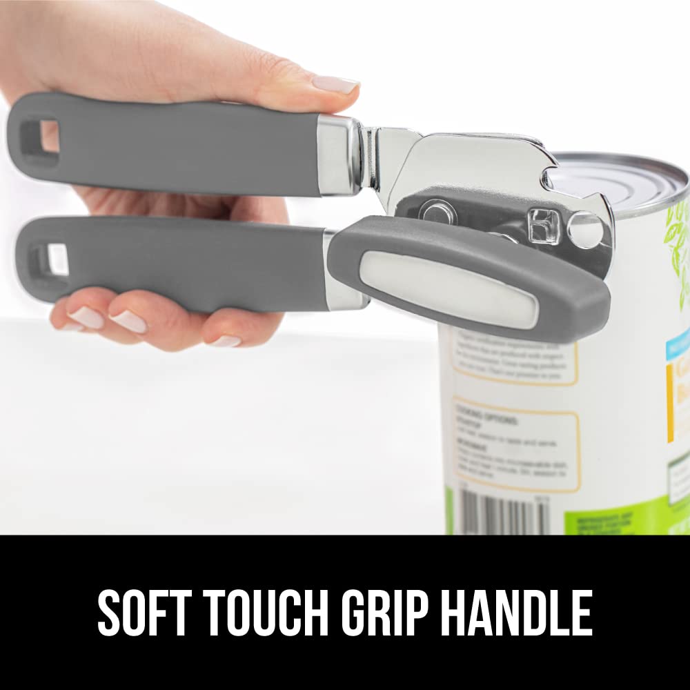 Gorilla Grip Abrelatas manual de mano de acero inoxidable resistente con borde liso con mango suave al tacto, a prueba de óxido, perilla de mano fácil giro, el mejor abridor de tapa grande para cocina, gris