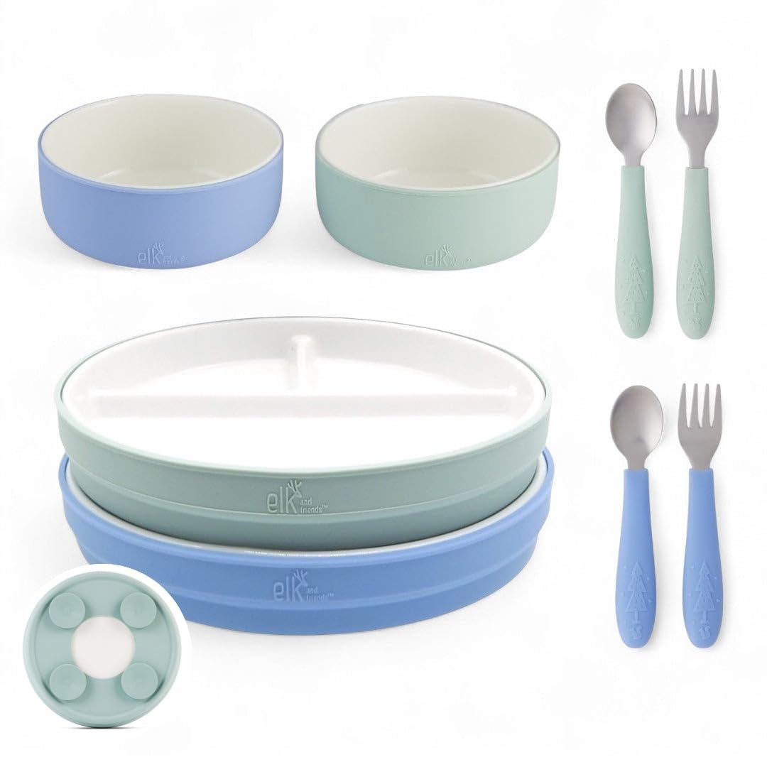 Elk and Friends - Set de vajilla de porcelana para niños con mangas de succión | Platos, tazones + cubiertos para niños pequeños | Mangas de silicona | para comidas + aperitivos | Apto para microondas
