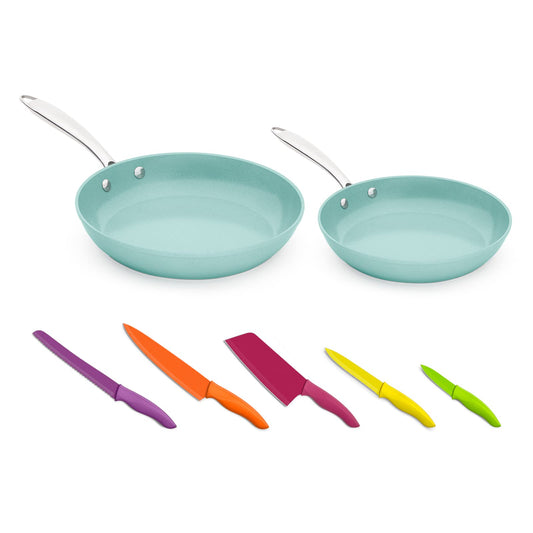 JADECOOK Juego de 2 Sartenes Nueva Generación con Kit Cuchillos Profesionales Sartén 20 cm y Sartén 24 cm con Nueva Tecnología Antiadherente Kit 5 Cuchillos Profesionales Diferentes Tamaños