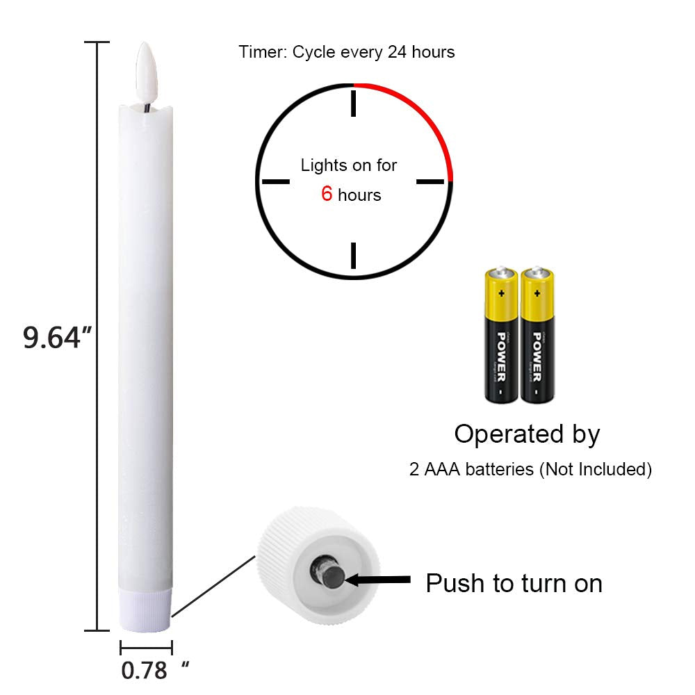 DRomance - Velas LED cónicas blancas sin llama, con temporizador de 6 horas, cera real 3D con mecha, decoración para hogar y eventos especiales (paquete de 6, 0.78 x 0.78 x 9.64 pulgadas)
