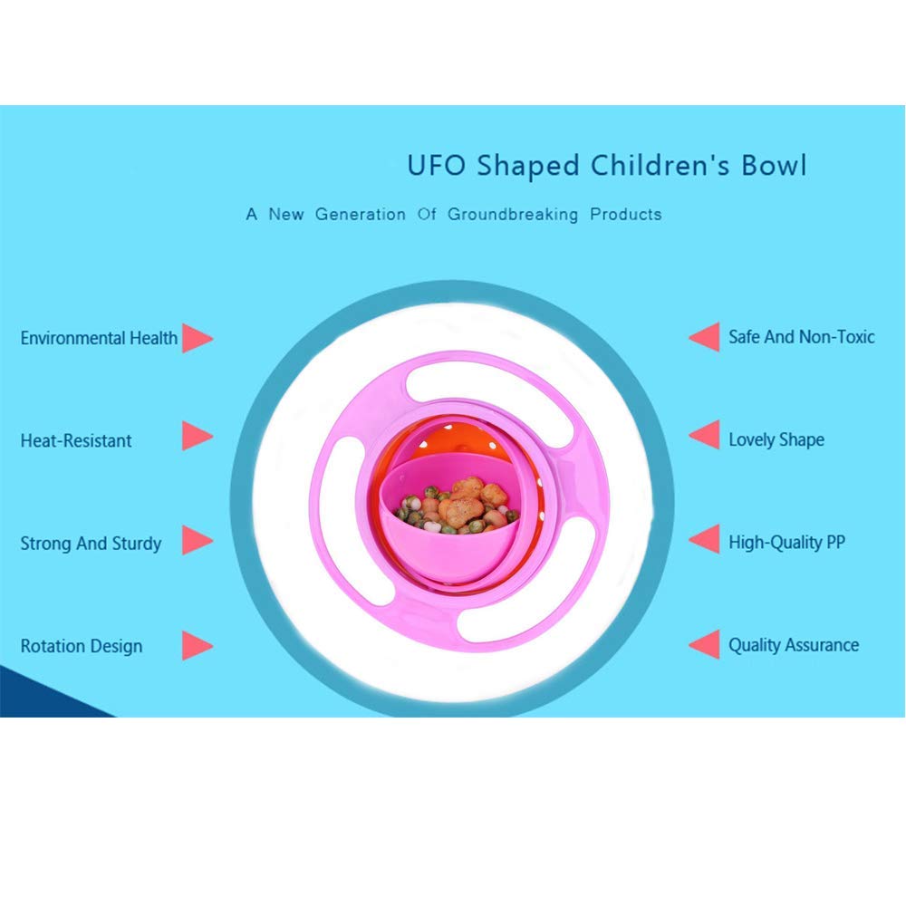 ESH7 Gyro Bowl Divertido Cuenco Giratorio de 360 Grados a Prueba de derrames con Tapa, Juguete para bebés y niños, Color Rosa