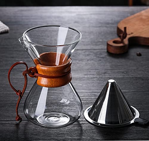 JoalGfda 400ml New Juego de cafetera Pour Over, jarra de vidrio sin papel con filtro de acero inoxidable 304, cafetera de vidrio reutilizable, goteador de café manual, goteo manual