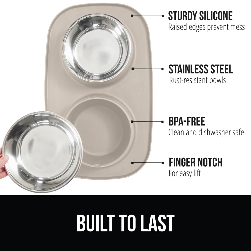 Gorilla Grip Slip Resistant Pet Bowls and Silicone Feeding Mat Set, 3 Cups, Catch Water and Food Mess, Raised Edges for No Spills, Stainless Steel Cat and Dog Dish Bowl, Patent Pending Design, Beige
