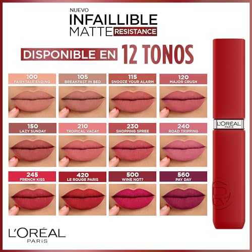 L'Oréal Paris, Infallible Le Matte Resistance, Labial Líquido Mate Larga Duración 16hr, Color Intenso con Ácido Hialurónico, Tono Wine Not? 500, 5ml