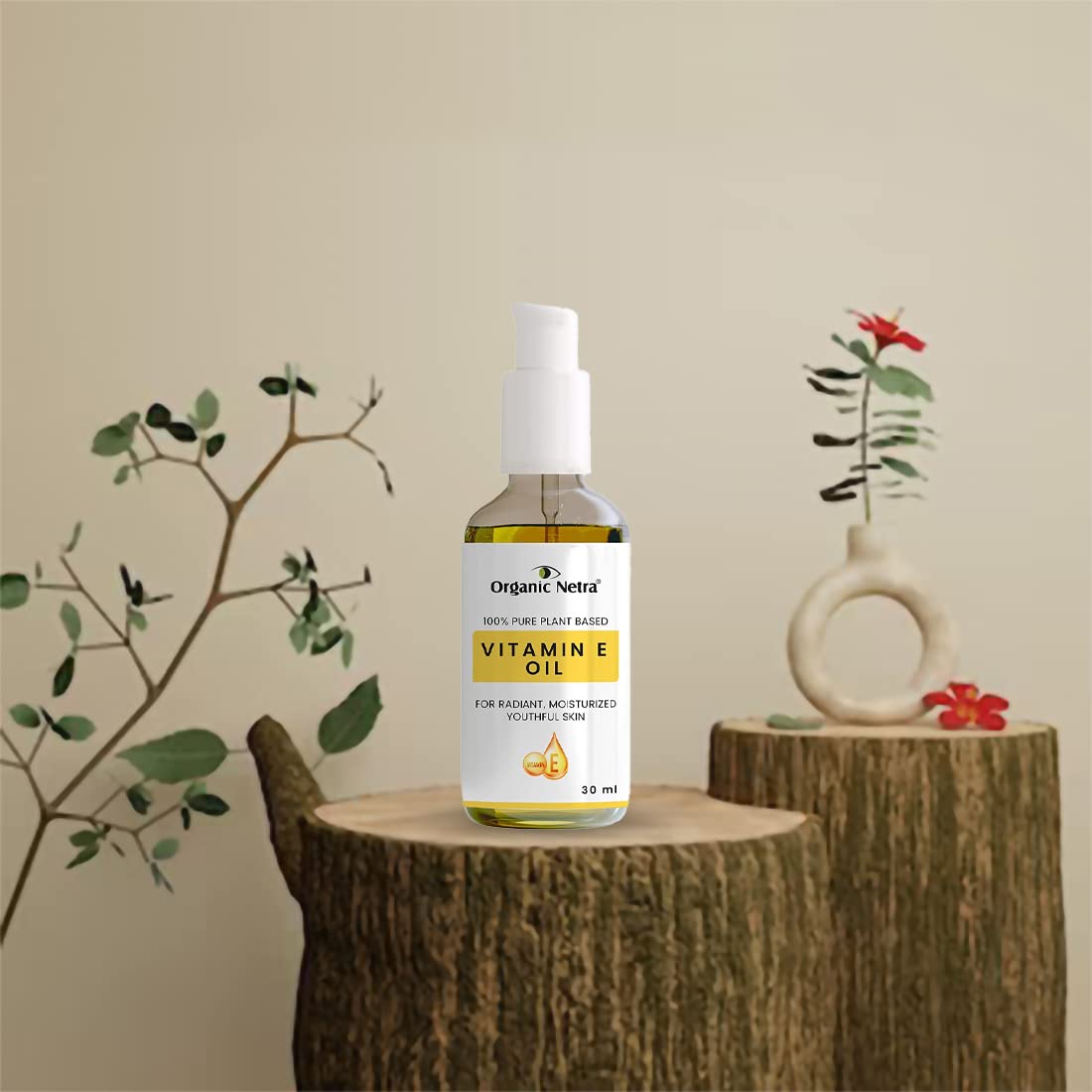 Organic Netra 100% Pure Plant Based Vitamin E Oil For Radiant, Moisturized Youthful Skin for Men & Women, Reduces Scars, Stretch Marks, and Wrinkles, Helps in Hair Growth, 30ml