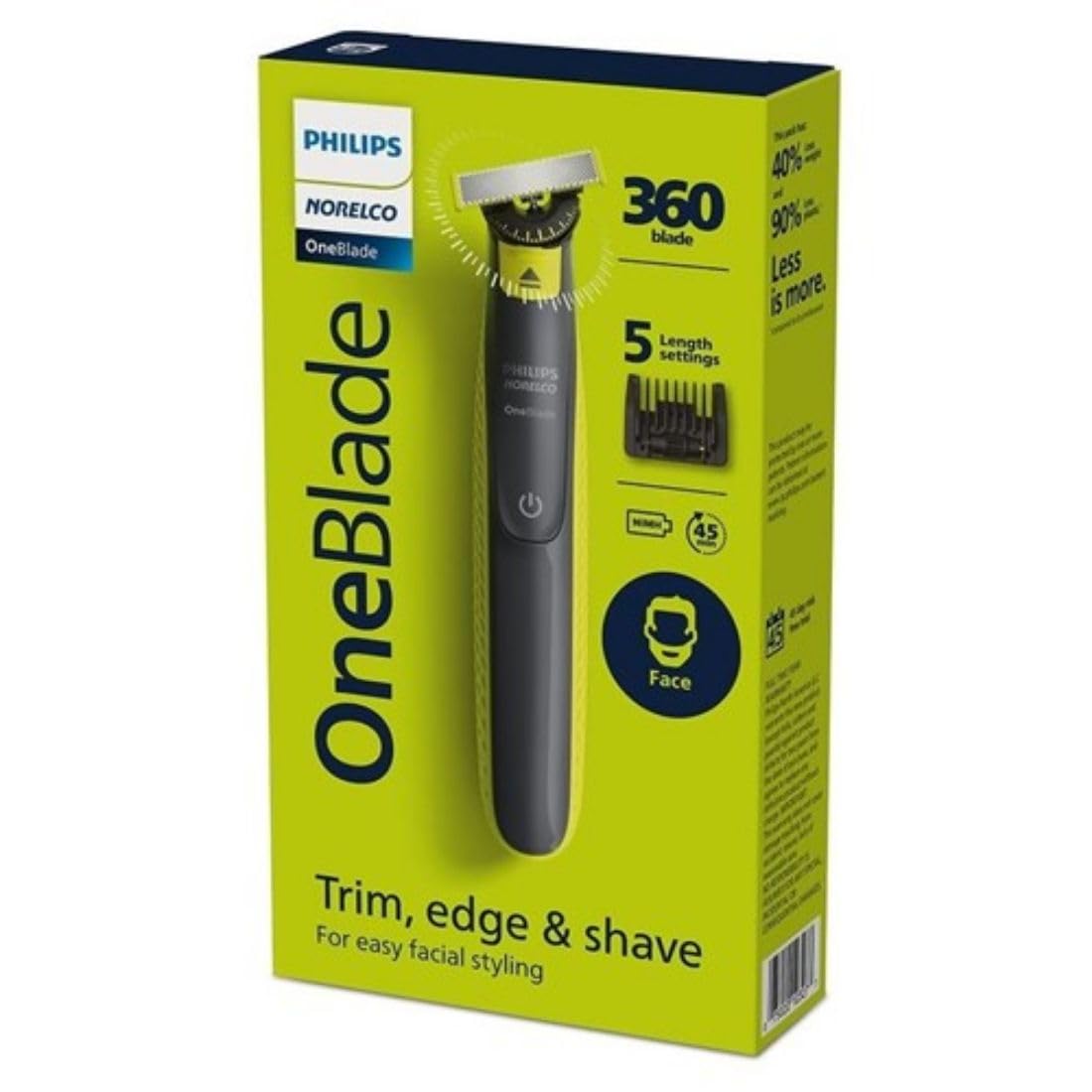 Philips Norelco QP2724/70 OneBlade Recortadora eléctrica con sistema de doble protección, peine ajustable 5 en 1 e innovadora cuchilla 360