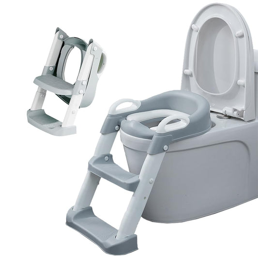 Jiula Asiento de Entrenamiento para Baño con Escalera Antideslizante - Asiento Entrenador para Baño Niño, Taburete Plegable Infantil para Taza, con Acolchonado, Asiento Ergonómico Gris, A, Cojín Dura