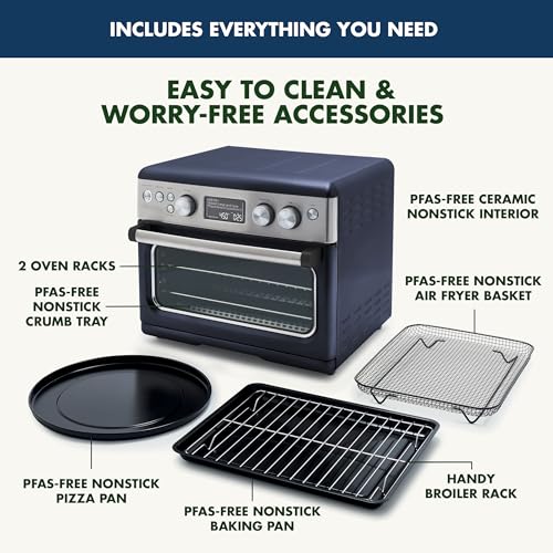 GreenPan Elite - Horno de convección para freír, 13 ajustes preestablecidos fáciles de usar, interior antiadherente sin PFAS, estantes ajustables, charola para hornear, bandeja para pizza, cesta,