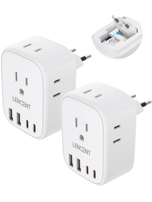 LENCENT 2X Adaptador de Enchufe de Viaje Europeo, Adaptador de Corriente para Europa, Cargador con 4 Salidas de CA&2 USB-A+2 USB-C, Adaptador para Viaje de México a Europa, Aprobado para Cruceros
