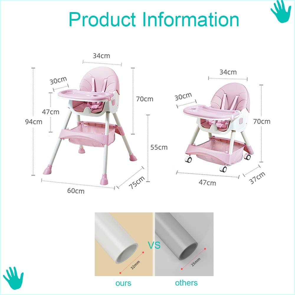 Silla alta para bebe, silla periquera para comer silla para bebe 6 en 1 con babero vaso entrenador y plato de comida, facil de armar, plegable multifuncion (Rosado)