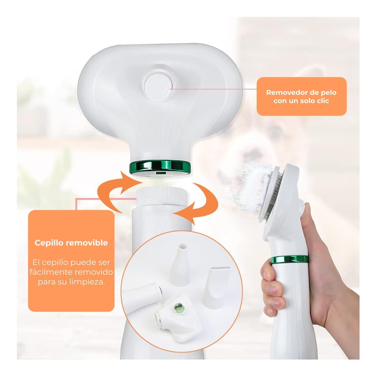 HOPEMOB Secador De Pelo Para Mascotas 3 En 1 Portátil Peine De Aire Caliente Automático y Cabezales de Recambio