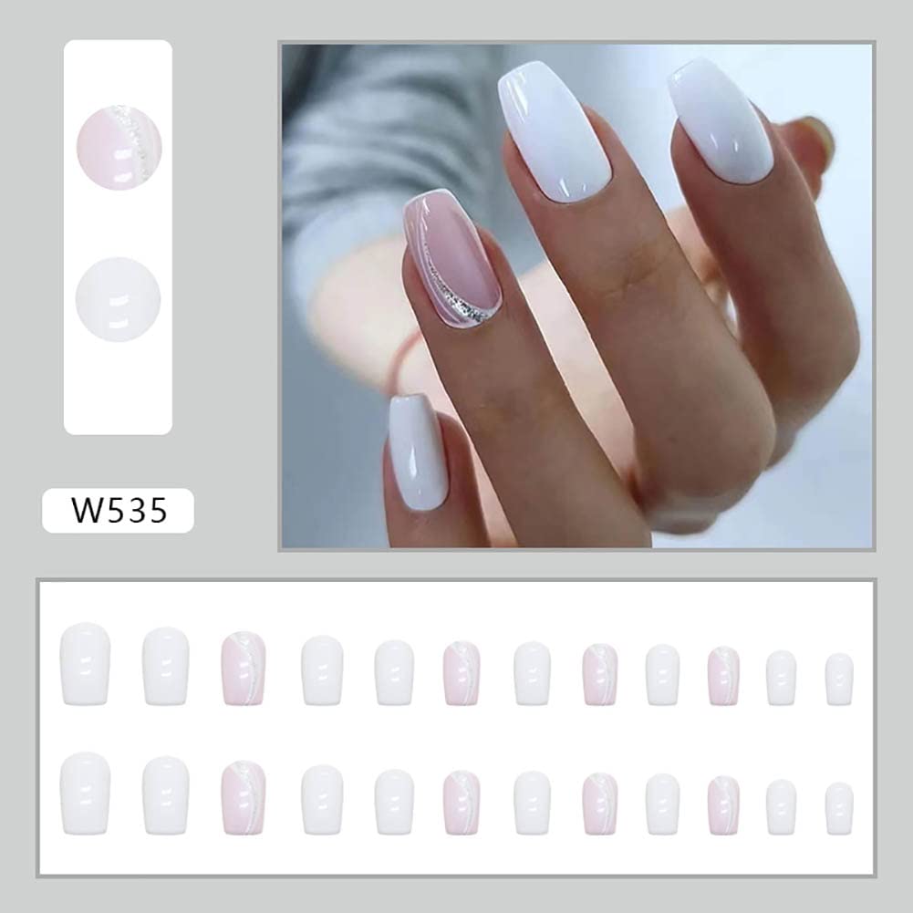 Lucoffeoi 24 Uñas Postizas De Presión, Diseño Mediano, 24 Uñas Acrílicas Redondas Y Cuadradas, Set De Uñas Adhesivas Con Pestañas Adhesivas Y Lima Para Uñas Para Mujeres, Niñas Y Niños.