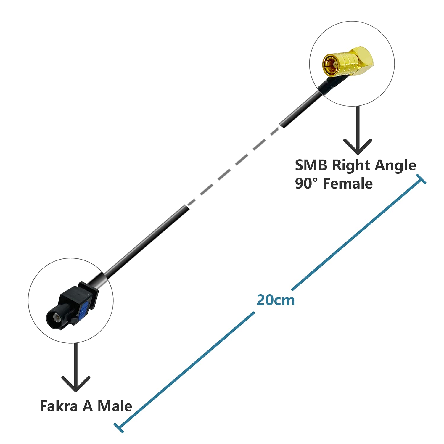 POBADY SMB Fakra Cable SMB Hembra Ángulo Recto 90 Grados a Fakra A Macho Adaptador Cable RG174 20cm / 7.9in para DAB FM/AM Pioneer Radio Amateur Clarion Kenwood Alpine