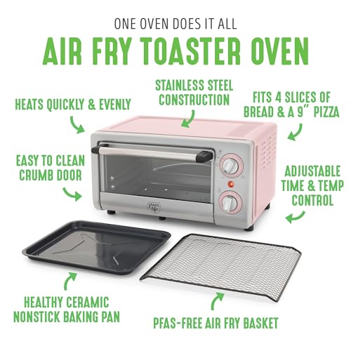 GreenLife - Freidora de aire para horno tostador de encimera de acero inoxidable, antiadherente de cerámica saludable, última intervensión de PFAS y PFOA, bandeja y cesta, hornear, asar, recalentar,