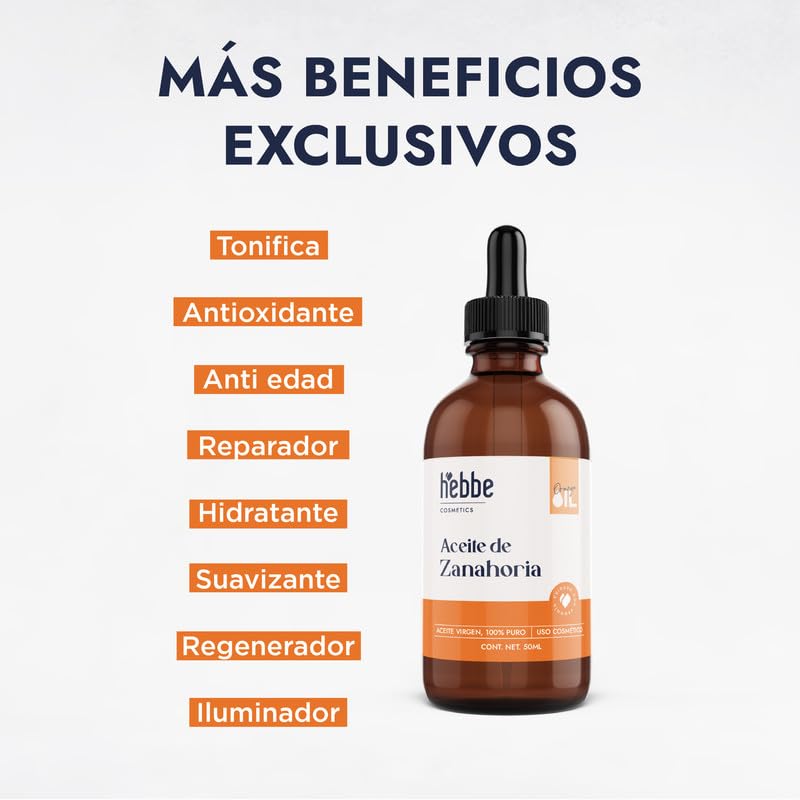 Hebbe - Aceite De Zanahoria 100% Puro 50 ml | Hidratante Reafirmante | Regenerador | Antiedad | Cabello Brillo Y Suavidad