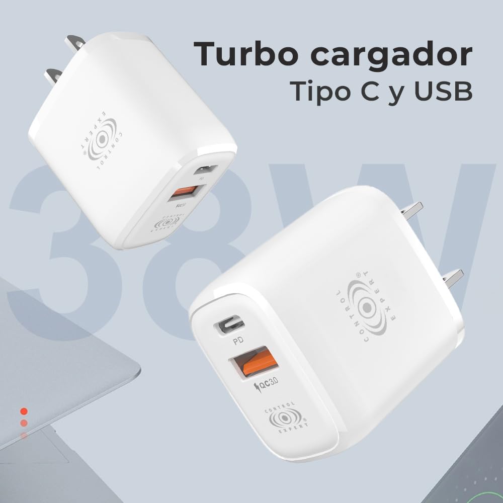 CONTROL EXPERT Turbo Cargador Tipo C y USB Puerto de Salida Universal PD 38W 12V 1.5A (Negro)