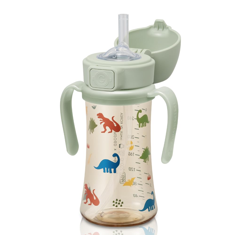 GROSMIMI - Taza de paja para bebé, a prueba de derrames de PPSU con tapa abatible, asas giratorias para bebés y niños pequeños de más de 12 meses, paja de silicona resistente a mordeduras, sin BPA