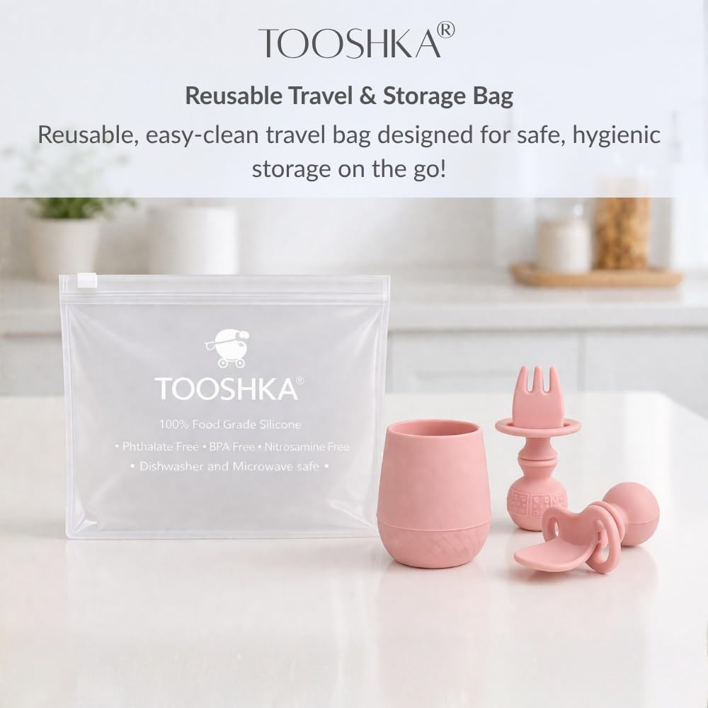 Tooshka - Juego de utensilios para bebés y tazas pequeñas, fácil alimentación para niños pequeños de 6 meses de edad, cubiertos de silicona sin BPA, esencial para destete LED para bebés (rosa sucia)