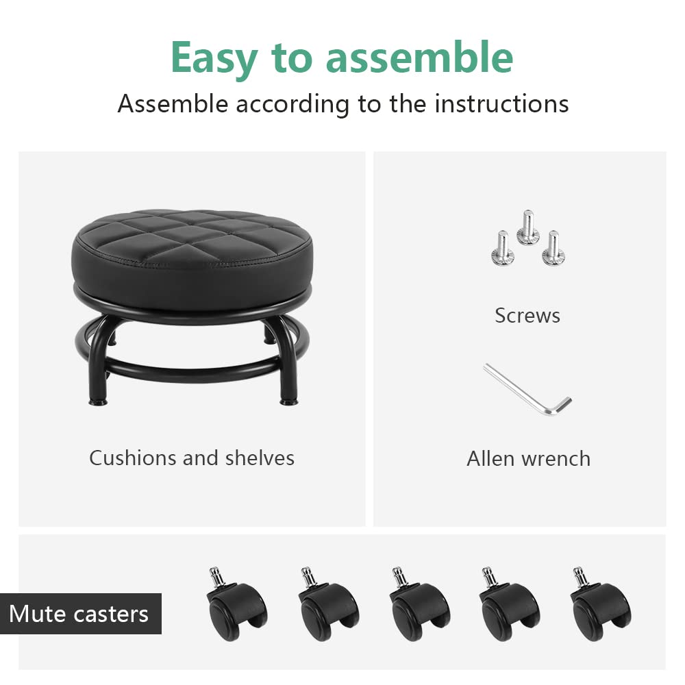 FURWOO - Taburete de piel sintética con ruedas universales para el hogar, fitness, deporte, pedicura, altura: 25,5 cm (negro)