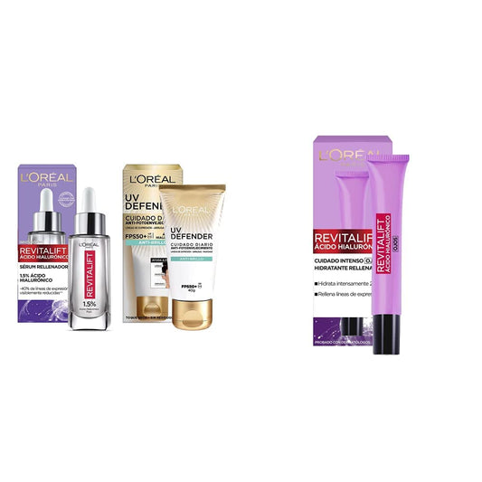 L'Oréal Paris Kit serum facial Revitalift Ácido Hialurónico y bloqueador solar anti - brillo UV Defender FPS 50 + + Crema para ojos anti - líneas de expresion Revitalift Ácido Hialurónico