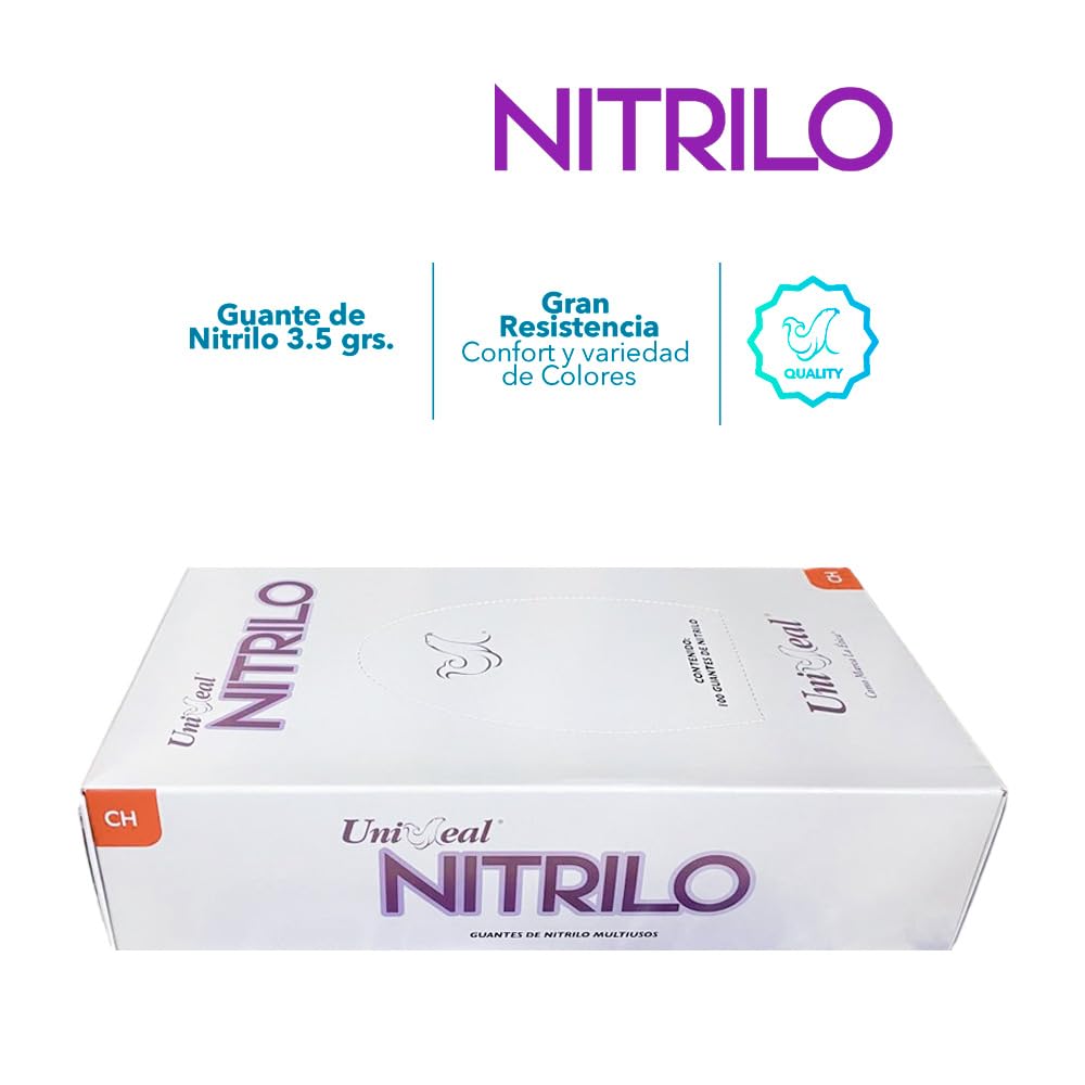 Guante de nitrilo acabado metálico ambidiestro, ajuste perfecto y hergonómico, flexible y cómodo UNISEAL caja con 100 piezas (Lila, Extra Chico)