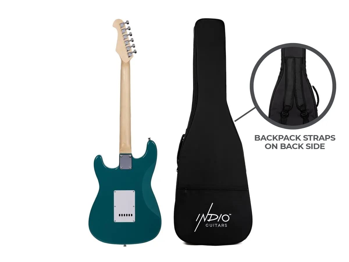 Monoprice Cali Classic HSS Electric Guitar with Gig Bag - Metallic Teal Body, White Pickguard, Maple Fingerboard - Indio Series