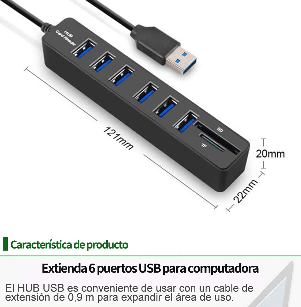 CARYWON Hub USB, Adaptador Extensión USB con 6 Puertos USB 2.0, Lector de Tarjetas SD/TF, 8 en 1 Puerto Portátil USB 2.0 para Macbook Air, iMac, Windows Surface, Ultrabook y Otro Laptop o PC, Negro