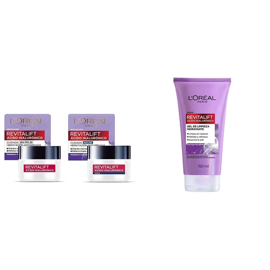 L'Oreal Paris Kit revitalift cuidado facial: crema de dia y crema de noche + Gel Limpiador Facial Revitalift Ácido Hialurónico, 150 ml
