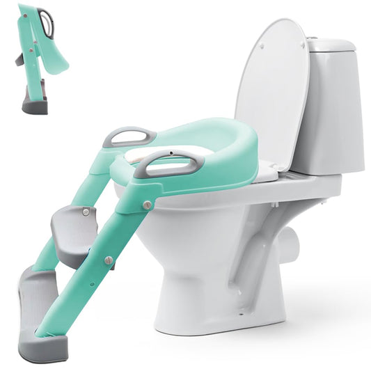 Jiula Asiento Entrenador para Baño con Escalera Antideslizante, Baño Entrenador Niño, Plegable Escalera para Baño Niños, Fácil de Guardar, Asiento Ergonómico, Edad de 3 a 10 Años, Tapizado, Verde