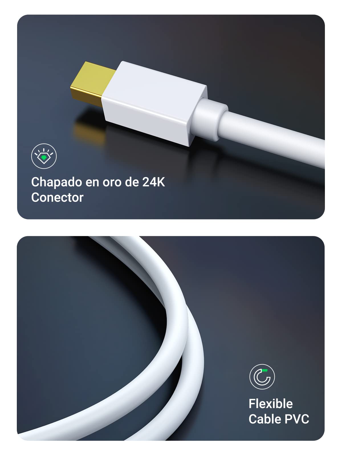 Adaptador Mini DisplayPort Thunderbolt UGREEN Blanco Alta Resolución para Macbook, iMac, Microsoft Surface Pro, Thinkpad X1 Carbon Touch Helix