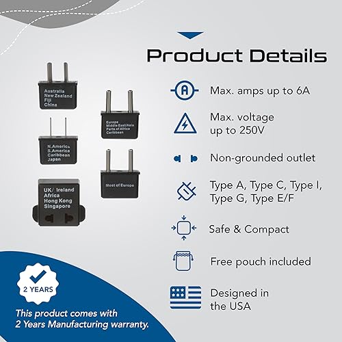 Ceptic Internacional En todo el mundo adaptador de viaje enchufe Set de 5 piezas, ideal para teléfonos celulares, cargadores de batería, computadoras portátiles