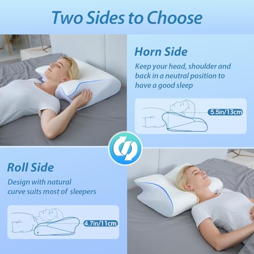 HOMCA Almohada cervical ortopédica de espuma viscoelástica 2 en 1, almohada ergonómica para espalda, de lado y boca abajo, 60 x 13/11 x 40 cm