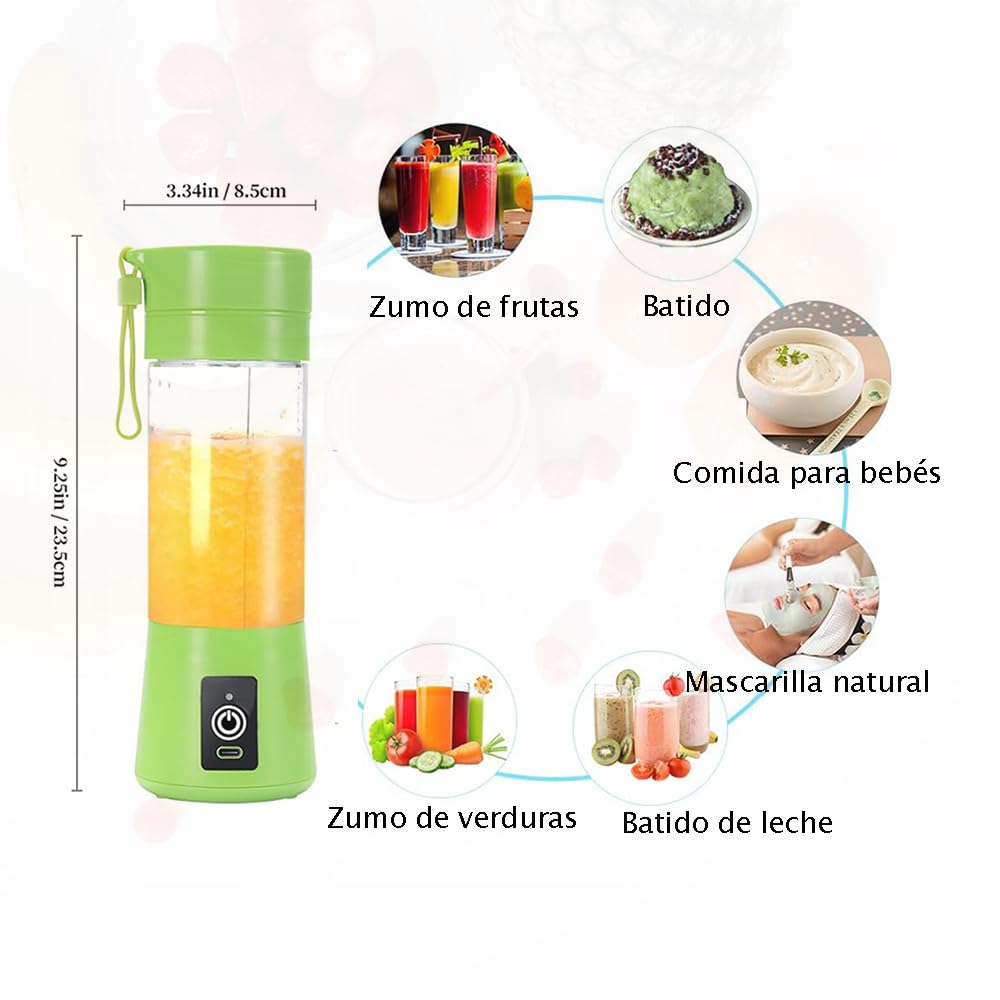Batidora portátil, 150 watt para batidos y smoothies, 400 ml batidora de viaje recargable por USB, botella sin BPA (Con Cepillo Esponja Verde Claro*1 + Ice Lattice*1)