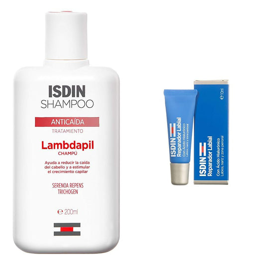 ISDIN Lambdapil, Champú Anticaída, Ayuda a Reducir la Caída del Cabello y Estimula el Crecimiento Capilar, 200ml + reparador labial fluido con acido hialuronico
