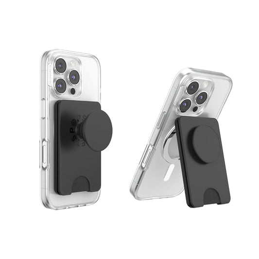 Portafolios para Teléfono PopSockets Negro con Agarre Expandible y Soporte para Tarjetas Compatible con MagSafe y Carga Inalámbrica