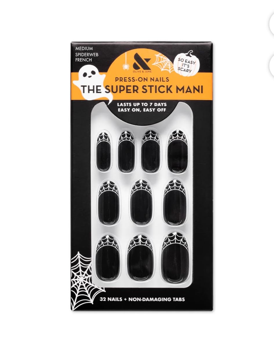 Olive & June Uñas postizas Super Stick Mani | Ovaladas medianas | Sin pegamento | 32 uñas postizas, 16 tamaños, duran hasta 7 días | No tóxicas, fáciles de poner y quitar | No dañan las uñas | Diseño