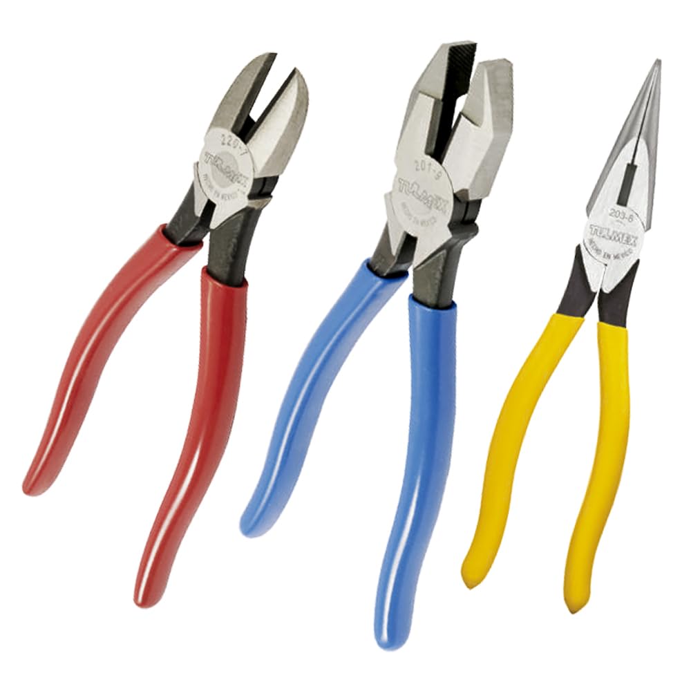 TULMEX TMX0002 | Juego de pinzas para profesionales 3 piezas | Corte preciso y sujeción firme | Hechas por manos mexicanas | Pinzas electricista | Herramientas | Mangos ergonómicos y codificados